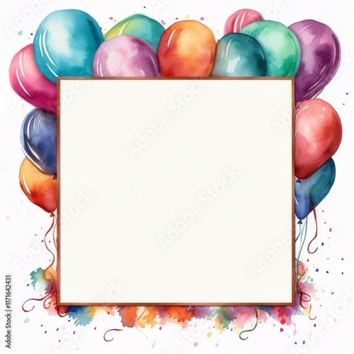 Colorful balloons surrounding an empty frame for celebrations or events
