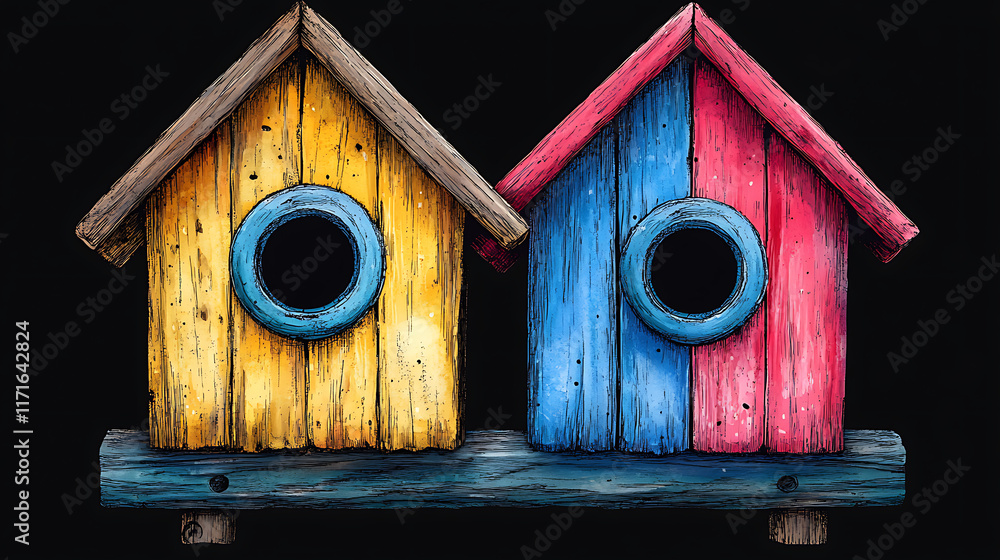Two colorful wooden birdhouses side-by-side on a dark background. Two colorful wooden birdhouses side-by-side on a dark background.