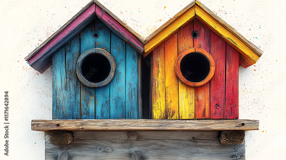 Two colorful birdhouses mounted on rustic wooden shelf against white wall. Two colorful birdhouses mounted on rustic wooden shelf against white wall.
