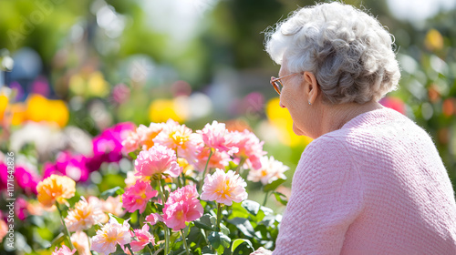 longevity lifestyle vitality concept. A senior woman enjoys a vibrant flower garden on a sunny day.
