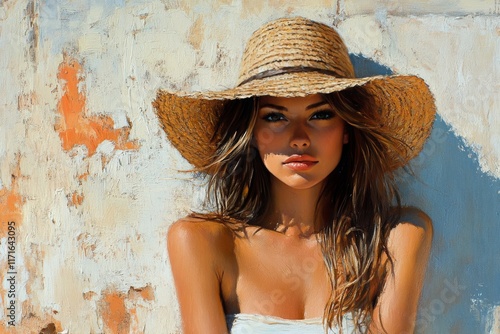 Young woman with straw hat poses against a vintage wall in a sunlit indoor space
