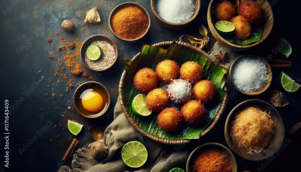 Overhead view, rustic wooden plate, golden baked apples, coconut shells, green leaves, dark moody background, food photography, high contrast, textured surface, autumnal dessert, organic presentation, Overhead view, rustic wooden plate, golden baked apples, coconut shells, green leaves, dark moody background, food photography, high contrast, textured surface, autumnal dessert, organic presentation,