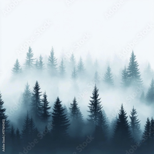 Mystical forest shrouded in mist during early morning light in a tranquil set...