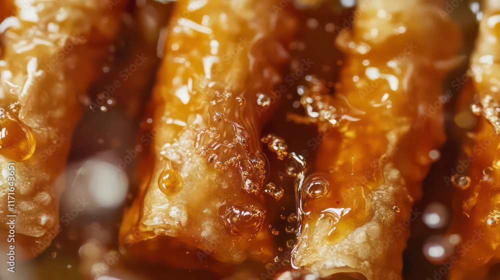 Overhead view of sweet chili sauce gracefully dripping onto crispy rolls Overhead view of sweet chili sauce gracefully dripping onto crispy rolls