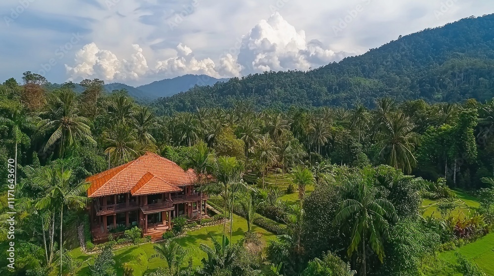 A serene landscape featuring a tropical house surrounded by lush greenery. A serene landscape featuring a tropical house surrounded by lush greenery.
