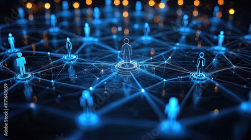 A network of interconnected people, represented by blue figures, symbolizing communication and connection in a digital world.