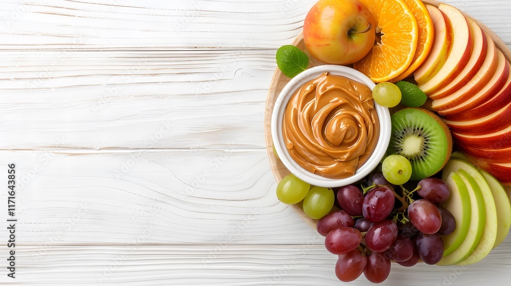 Assorted fresh fruits including apple slices, orange slices, kiwi, grapes, and green apple, served with creamy peanut butter dip on a wooden platter over a light wooden background.
Assorted fresh fruits including apple slices, orange slices, kiwi, grapes, and green apple, served with creamy peanut butter dip on a wooden platter over a light wooden background.