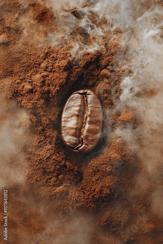 Close up of a coffee bean surrounded by ground coffee and steam in a warm set...