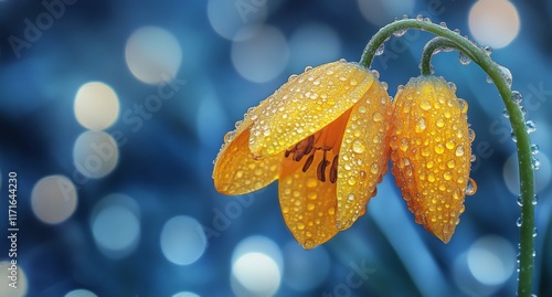 Bright yellow flower with water droplets shining in sunlight against a blurre...