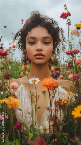 Young woman in a flowing dress enjoying a vibrant flower field during golden ...