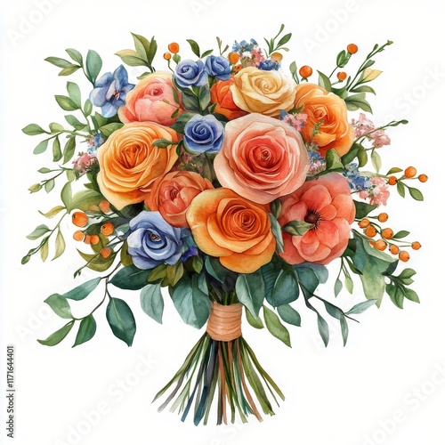 Beautiful bouquet of blue and orange roses with greenery set against a white ...