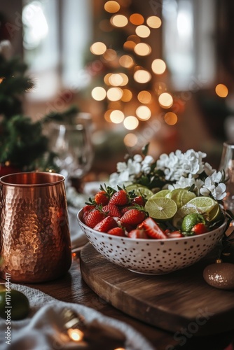 Fresh strawberries and limes on a wooden table with festive decor during the ...