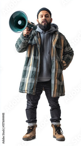 Dressed in a plaid coat, a stylish man is passionately engaged in communicating his thoughts with a megaphone, embodying leadership and creativity in his expression. photo