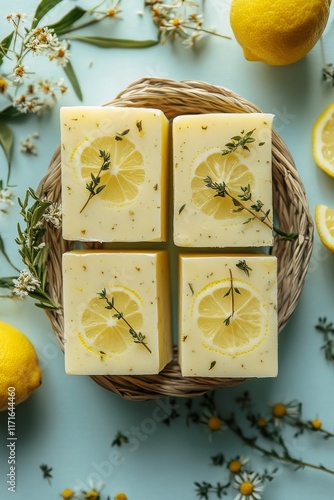 Delicious lemon and herb soap bars arranged on a natural woven tray with fres...