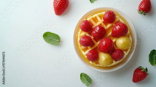 Delicious waffle topped with fresh strawberries and mint leaves on white back...