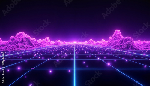 Futuristic neon landscape with glowing grid and mountains
