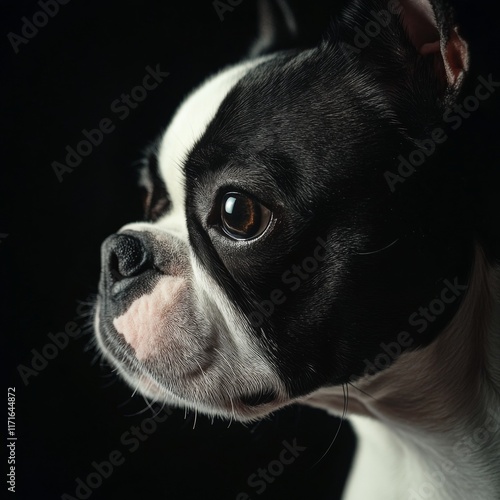 Close-up of a black and white dog gazing thoughtfully in soft light against a...
