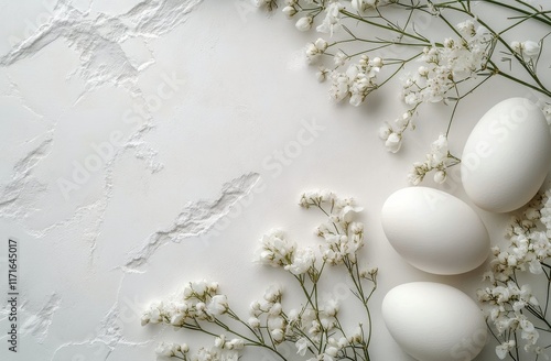 Elegant white eggs and delicate flowers on a light background showcasing soft...