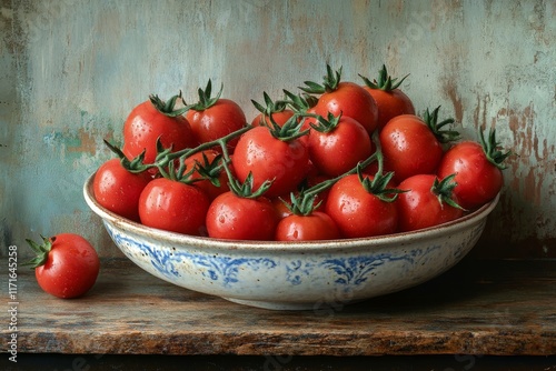 Freshly harvested red tomatoes arranged in a clay bowl on a rustic wooden sur...