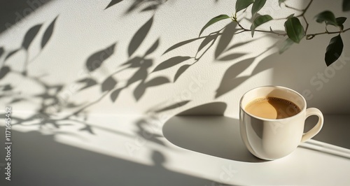 White coffee cup on table with soft leaf shadows in natural light during morning