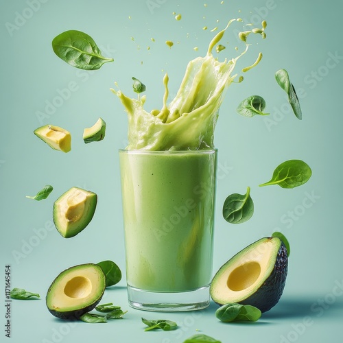Green smoothie splashing in the air with fresh ingredients for a healthy drin...