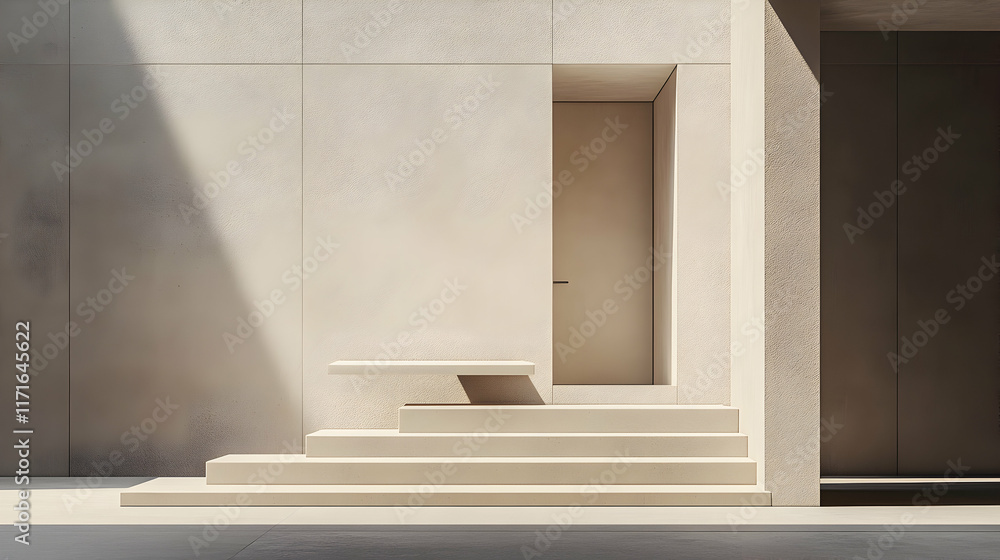 Fototapeta premium Minimalist architectural detail sunlit beige concrete stairs leading to a modern door. Perfect for design blogs, home decor websites, and architectural publications.