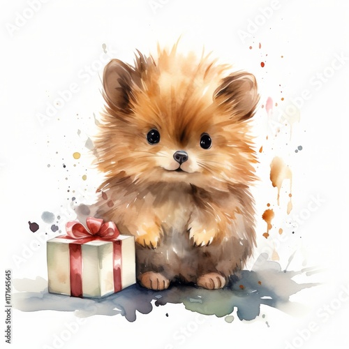 Cute puppy with a candle surrounded by flowers in a whimsical setting at a fe...