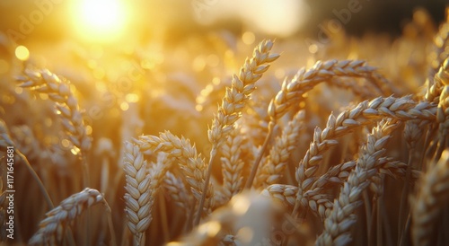 Wheat field glistening in the golden sunlight during a tranquil sunset in the...