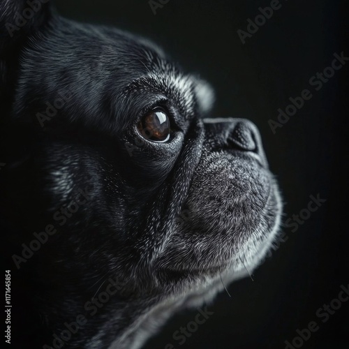 Close-up of a black and white dog gazing thoughtfully in soft light against a...
