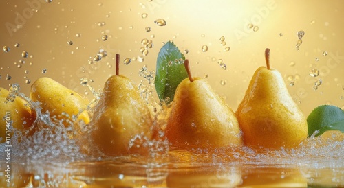 Fresh yellow pears splashing in water with green leaves creating an artistic ...
