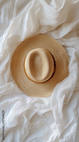 Stylish straw hat resting on a soft white fabric backdrop with natural light ...