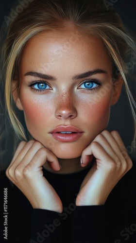 Captivating portrait of a young woman with striking blue eyes framed by a rus...