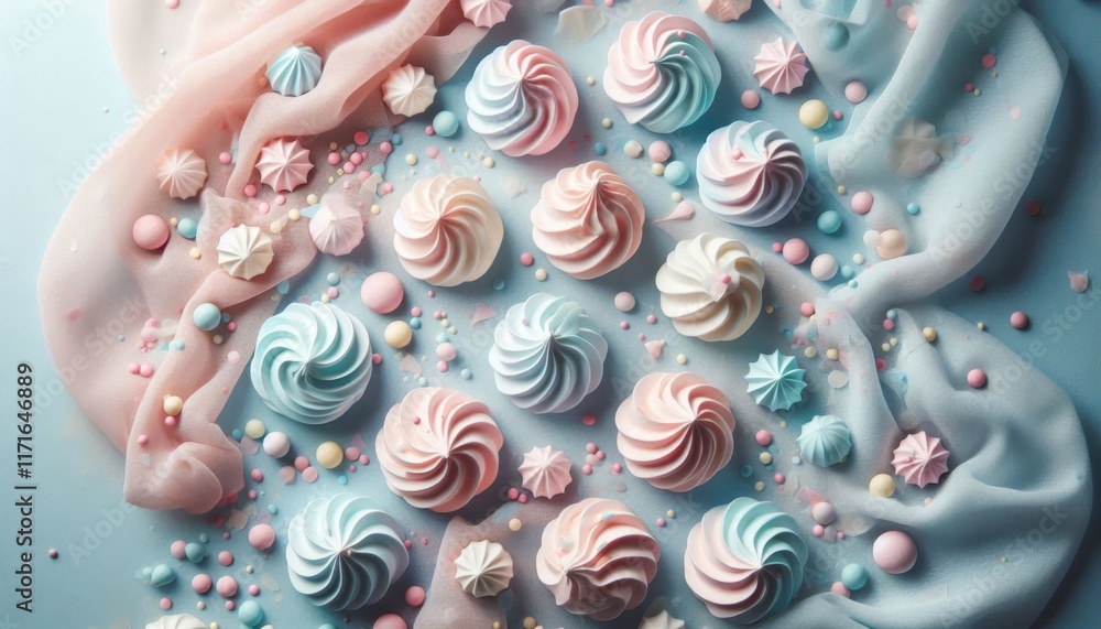 Pastel meringues, Colorful candy drops, Soft blue and pink background, Flat lay photography, Swirled meringue cookies, Delicate desserts, Pastel color palette, Minimalist food styling, Overhead view, Pastel meringues, Colorful candy drops, Soft blue and pink background, Flat lay photography, Swirled meringue cookies, Delicate desserts, Pastel color palette, Minimalist food styling, Overhead view,