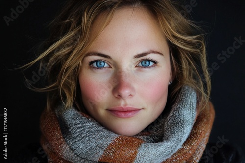 Portrait of a woman with blue eyes wearing a stylish scarf against a dark bac...