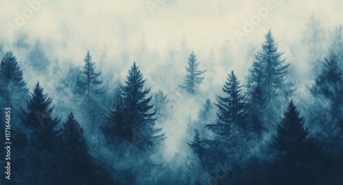 Dense evergreen forest enveloped in mist during early morning hours in a sere...