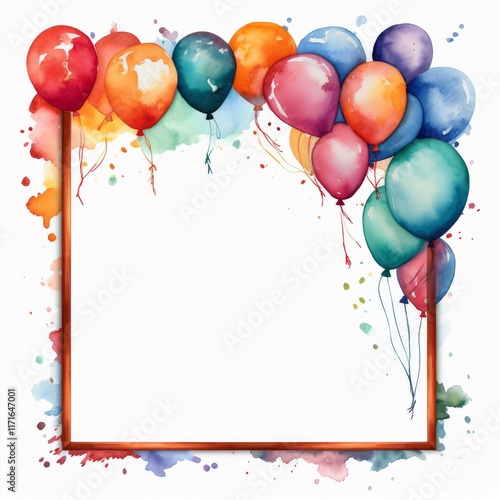 Colorful balloons surrounding an empty frame for celebrations or events