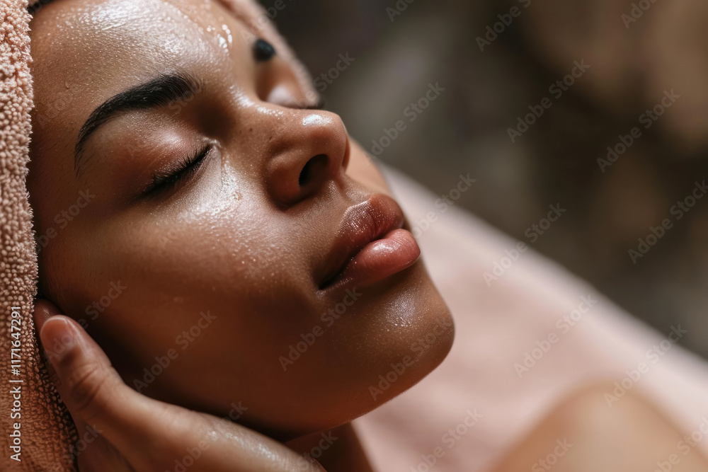 Naklejka premium A girl in a relaxing spa atmosphere, surrounded by aromatherapy and comfort, is ideal for promoting wellness services