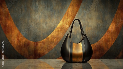 Elegant black and gold handbag on metallic background.