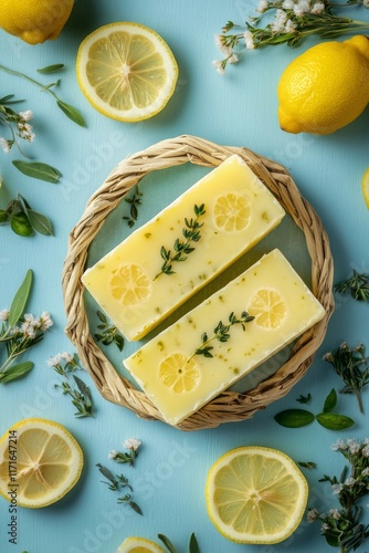 Delicious lemon and herb soap bars arranged on a natural woven tray with fres...