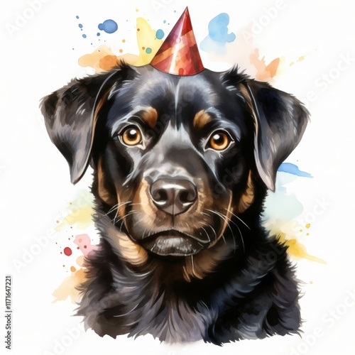 Cute black and brown dog wearing a party hat on a colorful background