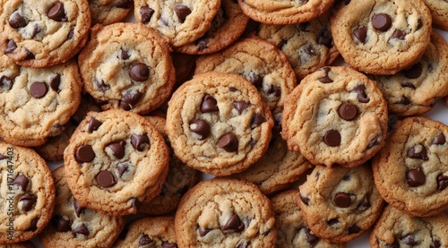 Freshly baked chocolate chip cookies arranged neatly on a tray