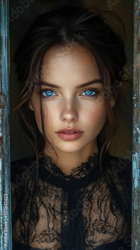 Captivating portrait of a young woman with striking blue eyes framed by a rus...