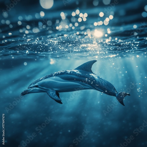 Dolphin swimming gracefully underwater in bright sunlight near the ocean surface