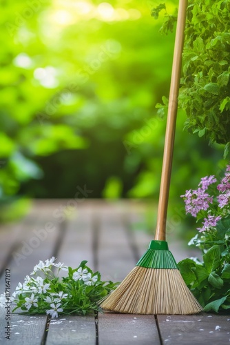 Blooming flowers and garden tools in a serene outdoor setting surrounded by g...