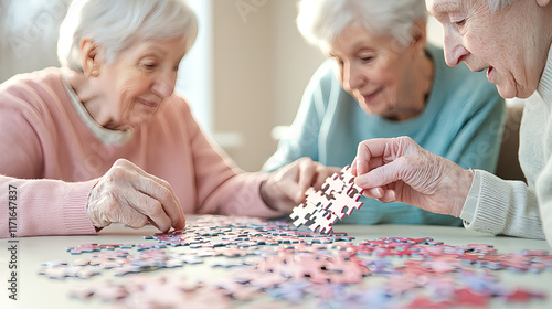 longevity lifestyle vitality concept. Three elderly women solving a jigsaw puzzle together, showcasing camaraderie and engagement in an activity.