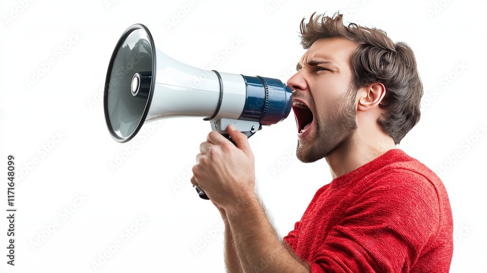 A passionate young man energetically shouts into a loudspeaker, displaying vibrancy and expression, dressed in stylish red clothing with an intense focus on communication. A passionate young man energetically shouts into a loudspeaker, displaying vibrancy and expression, dressed in stylish red clothing with an intense focus on communication.