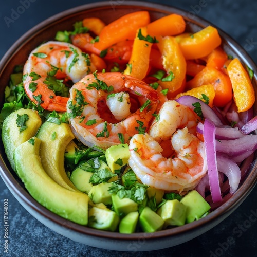 Fresh shrimp salad with avocado and colorful vegetables in a bowl