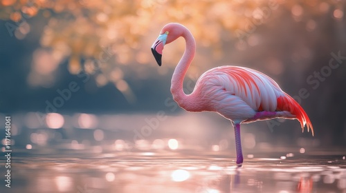 Pink flamingo wading in tranquil water at sunset with soft pastel colors in t...