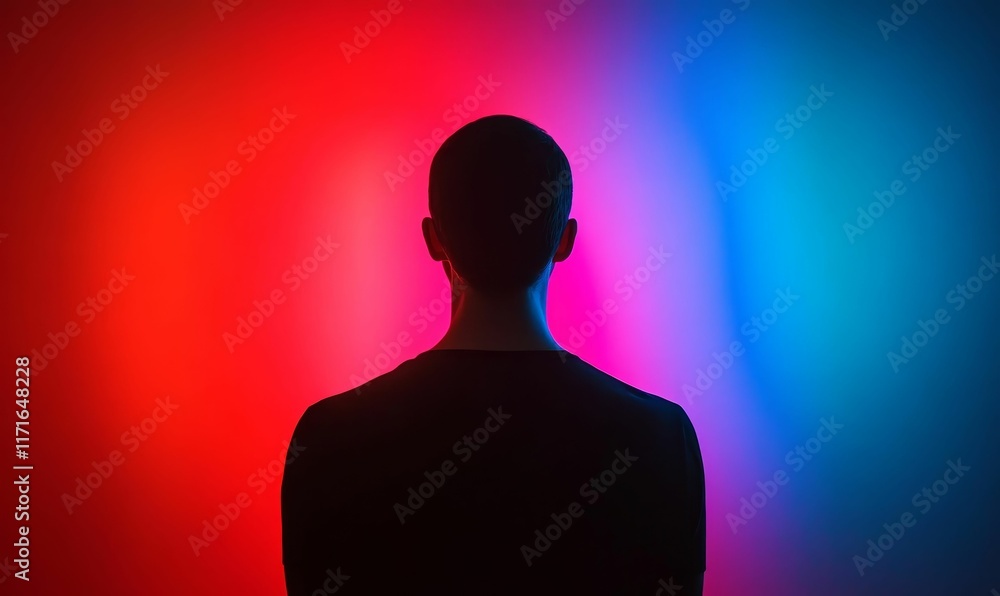 Dark figure, vibrant red and blue backdrop. Dark figure, vibrant red and blue backdrop.