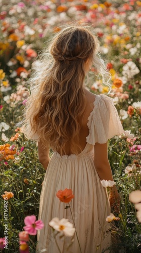 Young woman in a flowing dress enjoying a vibrant flower field during golden ...
